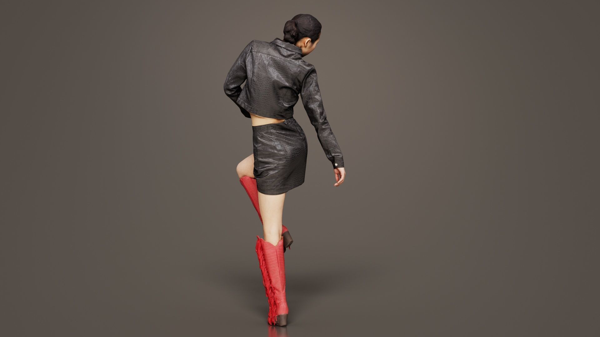 Asian Woman Wearing Black Crocodile Print Vinyl Outfit Low-poly 3D model_6