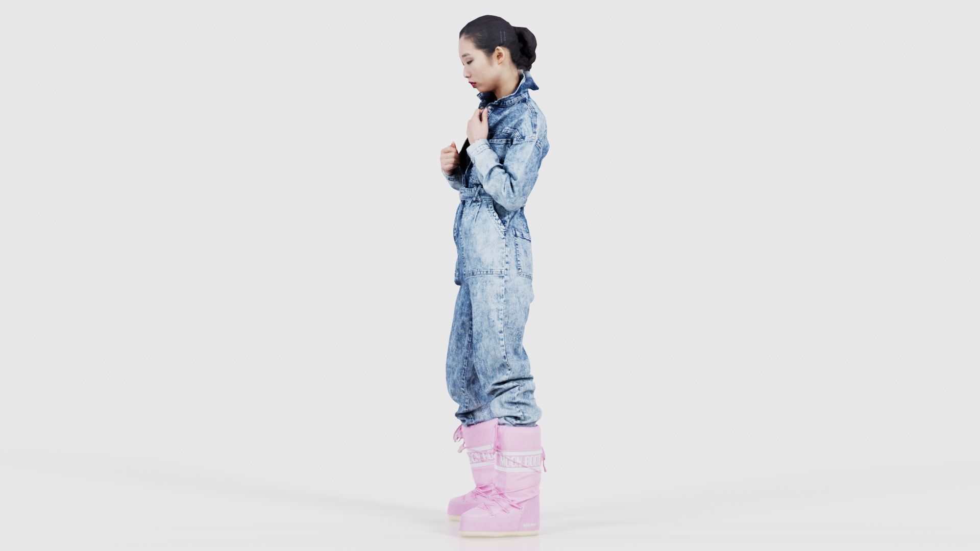 Asian Woman Wearing Jeans Salopet 001 Low-poly 3D model_25