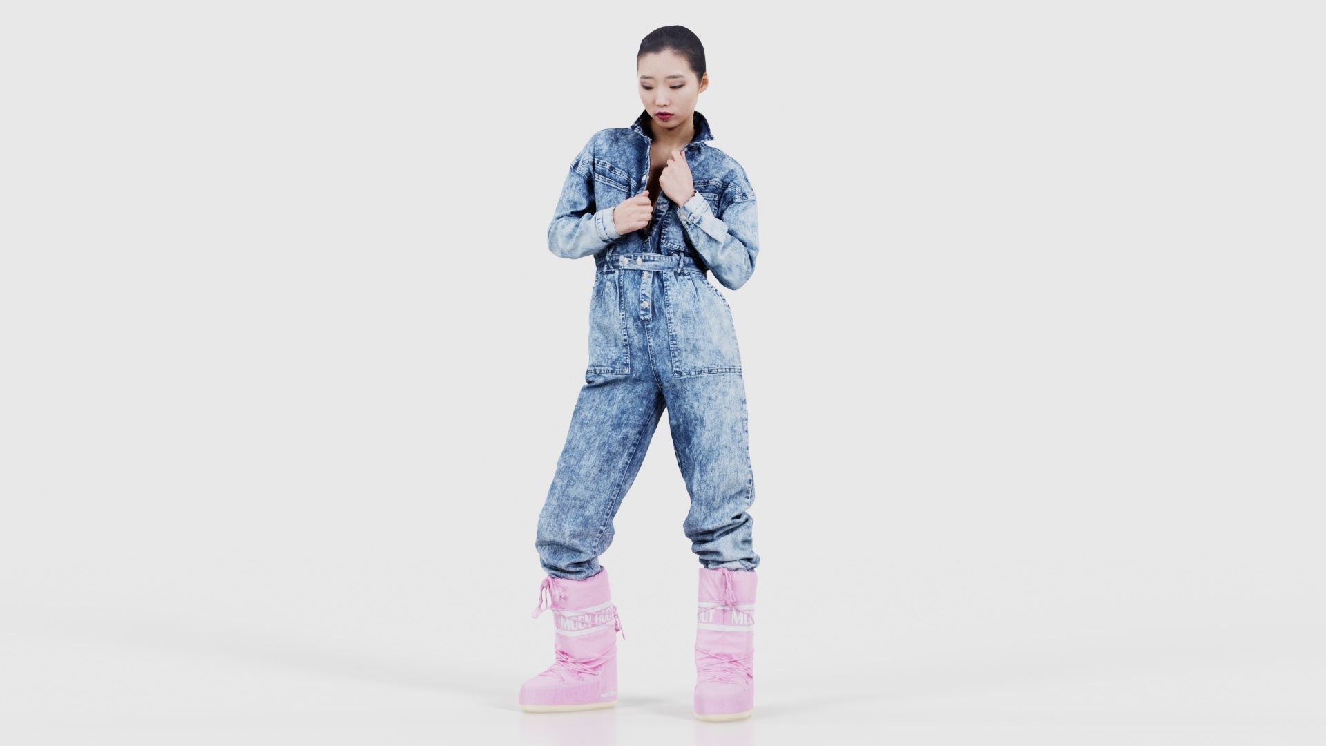 Asian Woman Wearing Jeans Salopet 001 Low-poly 3D model_15