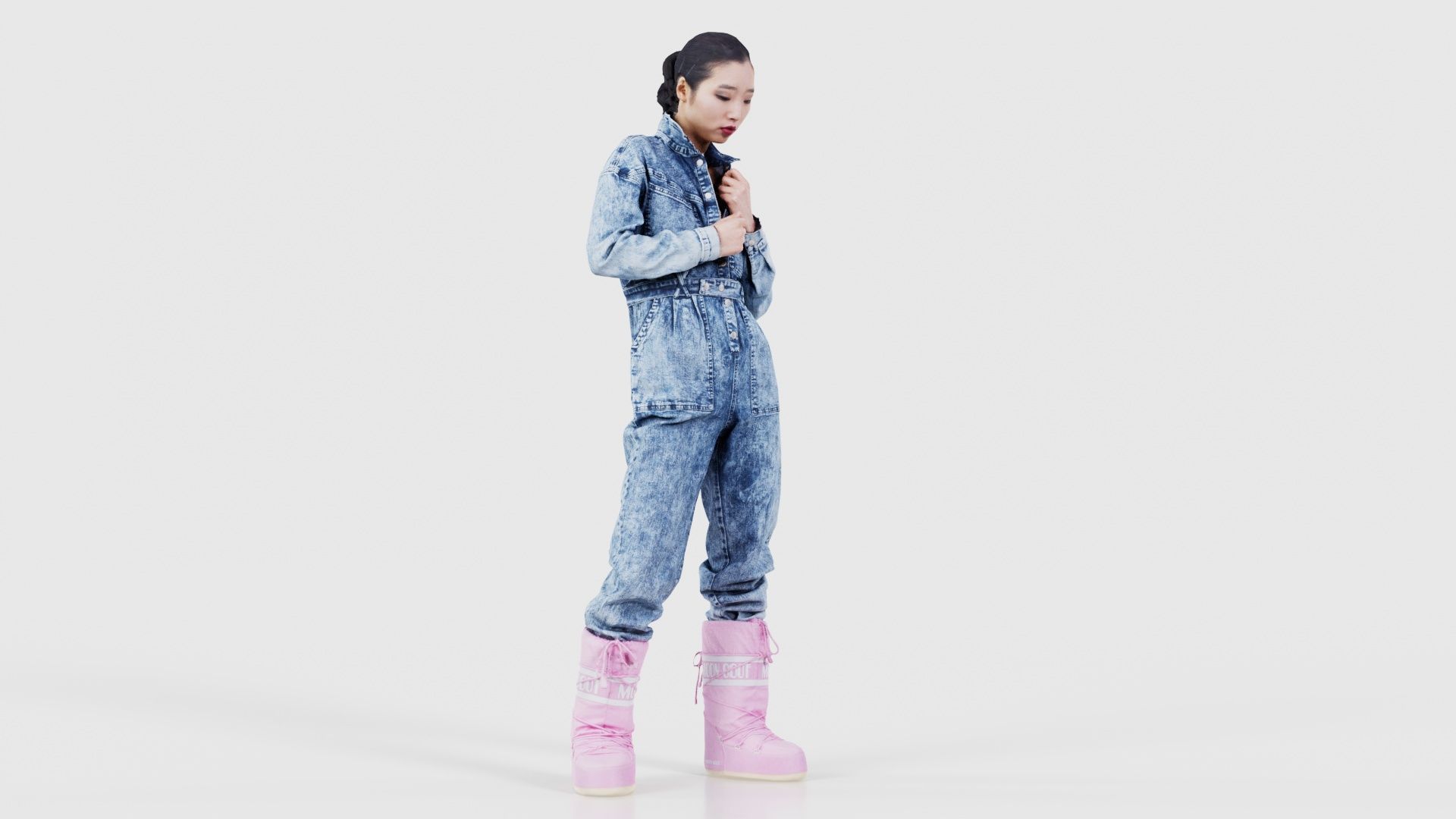 Asian Woman Wearing Jeans Salopet 001 Low-poly 3D model_17