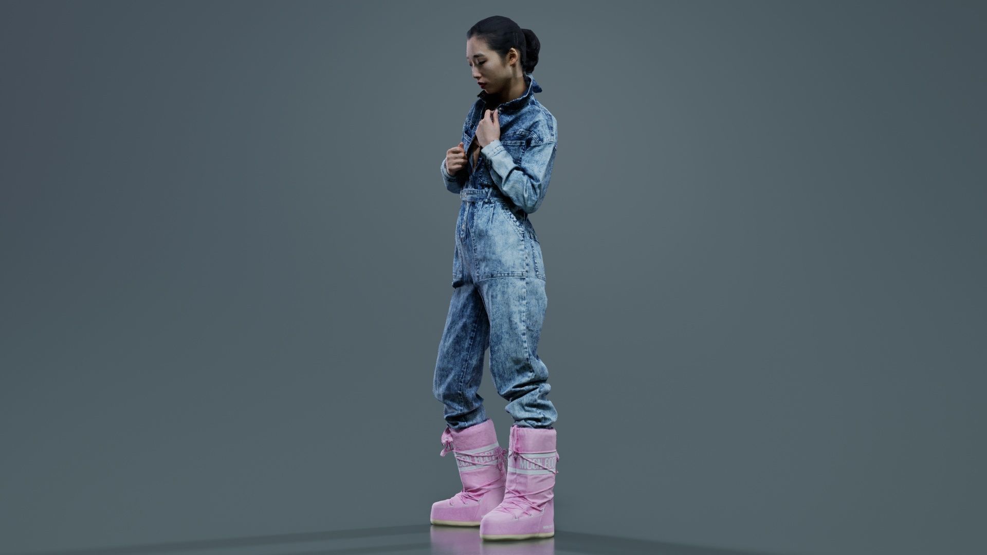 Asian Woman Wearing Jeans Salopet 001 Low-poly 3D model_1