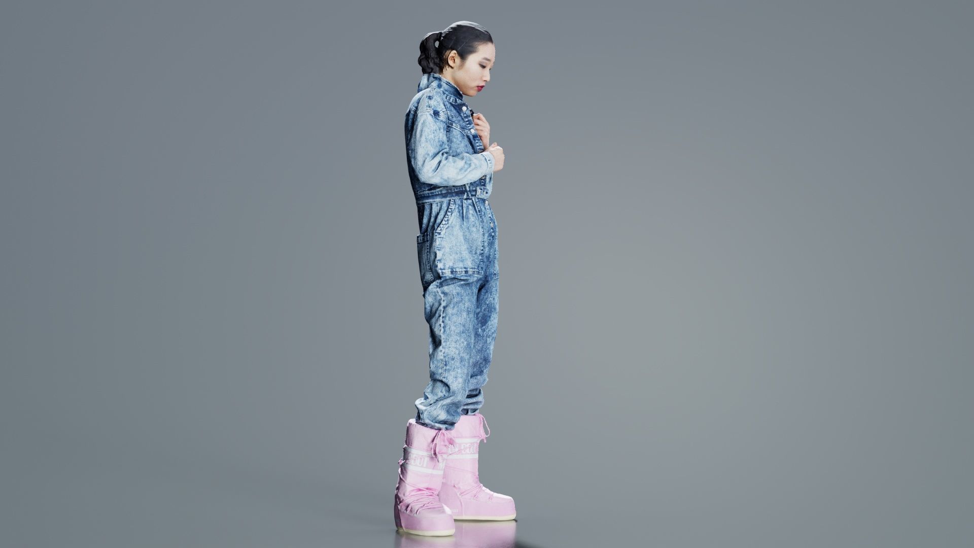 Asian Woman Wearing Jeans Salopet 001 Low-poly 3D model_8
