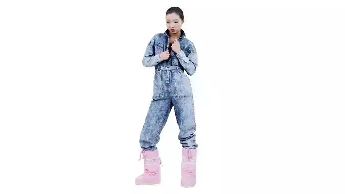 Asian Woman Wearing Jeans Salopet 001 Low-poly 3D model