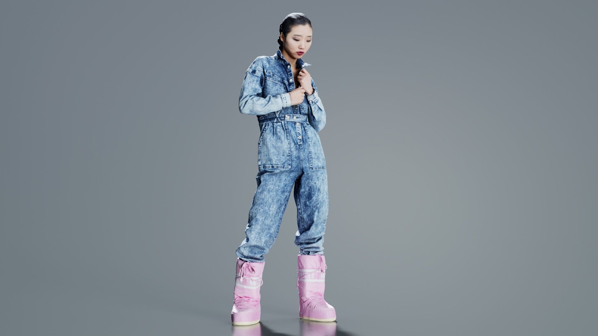 Asian Woman Wearing Jeans Salopet 001 Low-poly 3D model_5