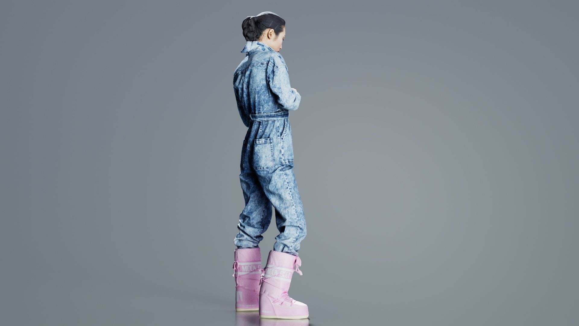 Asian Woman Wearing Jeans Salopet 001 Low-poly 3D model_6