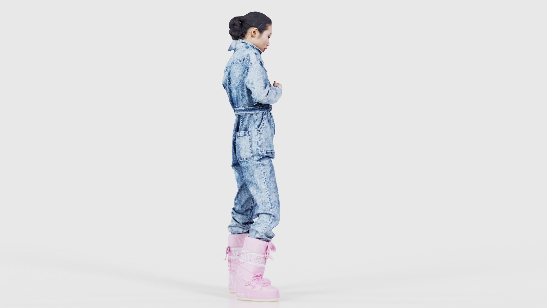 Asian Woman Wearing Jeans Salopet 001 Low-poly 3D model_19