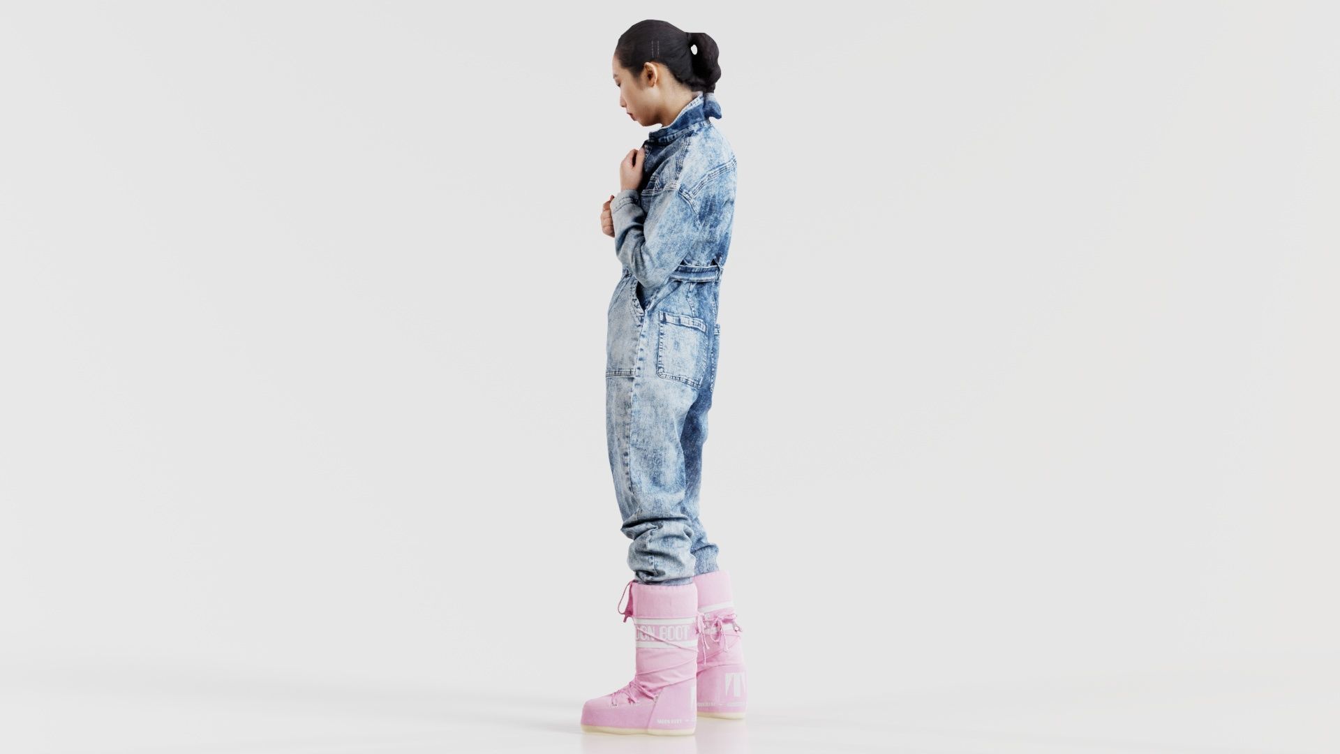 Asian Woman Wearing Jeans Salopet 001 Low-poly 3D model_4