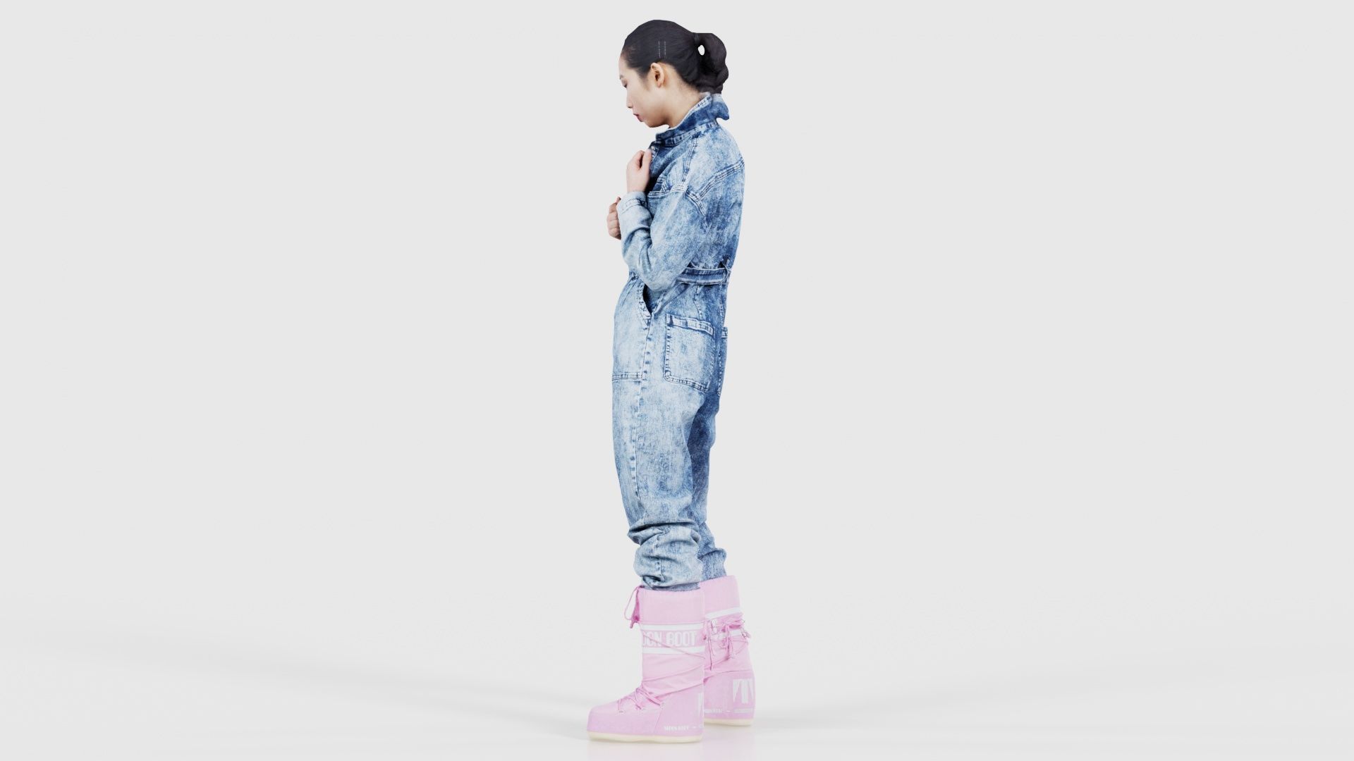 Asian Woman Wearing Jeans Salopet 001 Low-poly 3D model_24