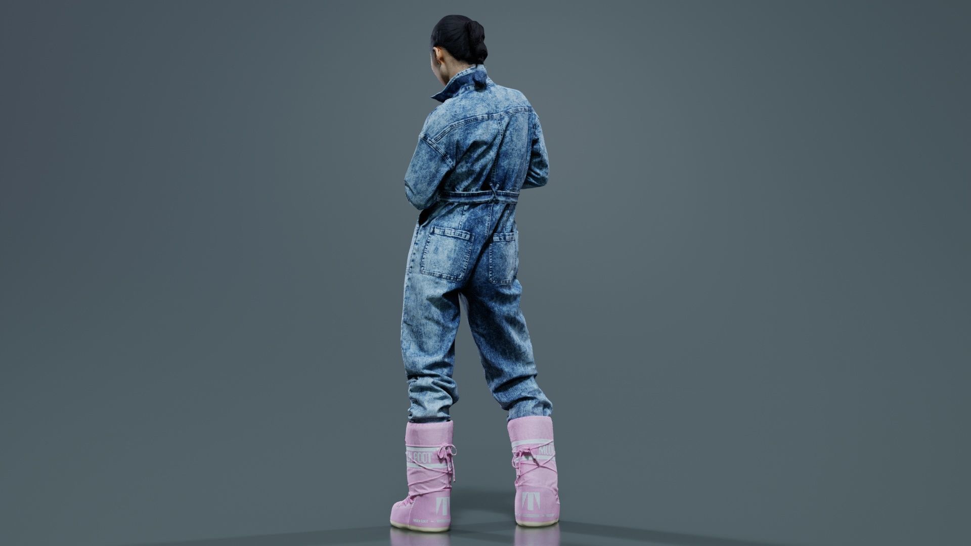 Asian Woman Wearing Jeans Salopet 001 Low-poly 3D model_3