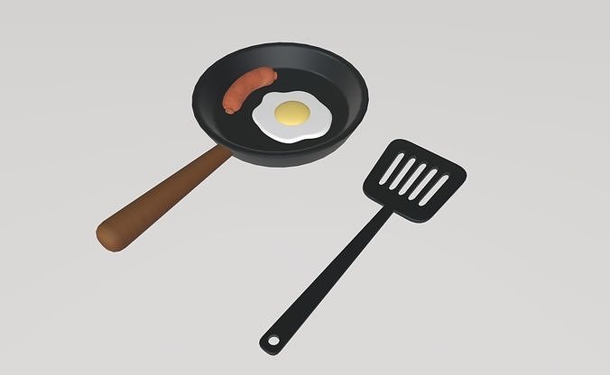 Stylized Low-Poly Fried Egg and Sausage in Pan with Spatula Low-poly 3D model 3