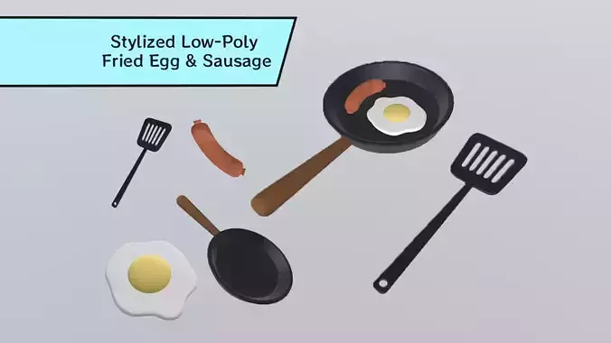 Stylized Low-Poly Fried Egg and Sausage in Pan with Spatula
