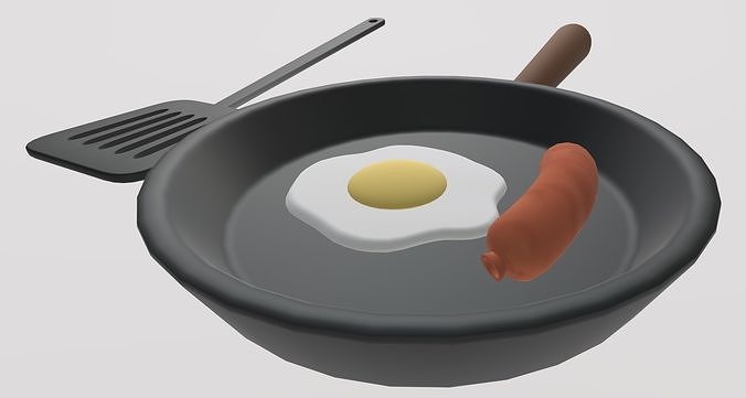 Stylized Low-Poly Fried Egg and Sausage in Pan with Spatula Low-poly 3D model 2