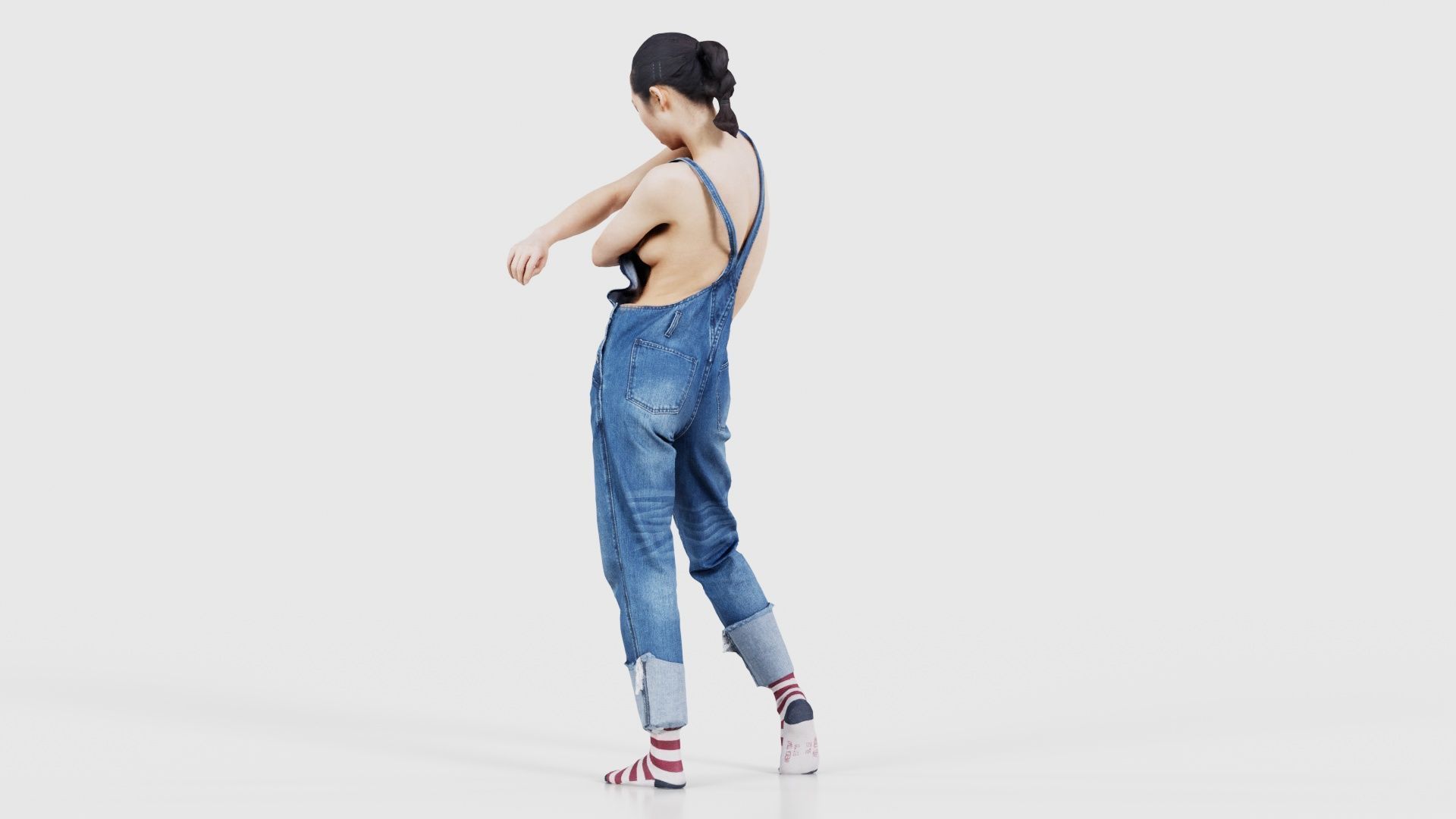 Asian Woman Wearing Jeans Salopet 006 Low-poly 3D model_23