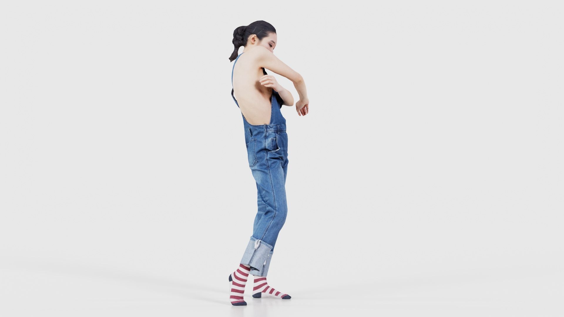 Asian Woman Wearing Jeans Salopet 006 Low-poly 3D model_18