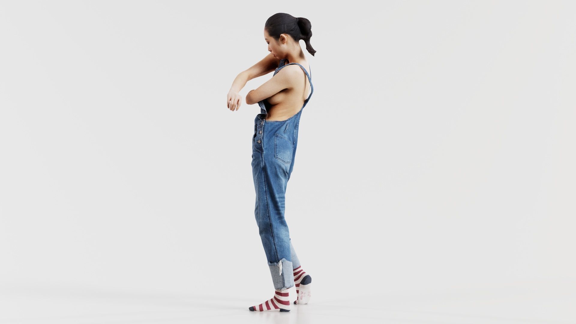 Asian Woman Wearing Jeans Salopet 006 Low-poly 3D model_3