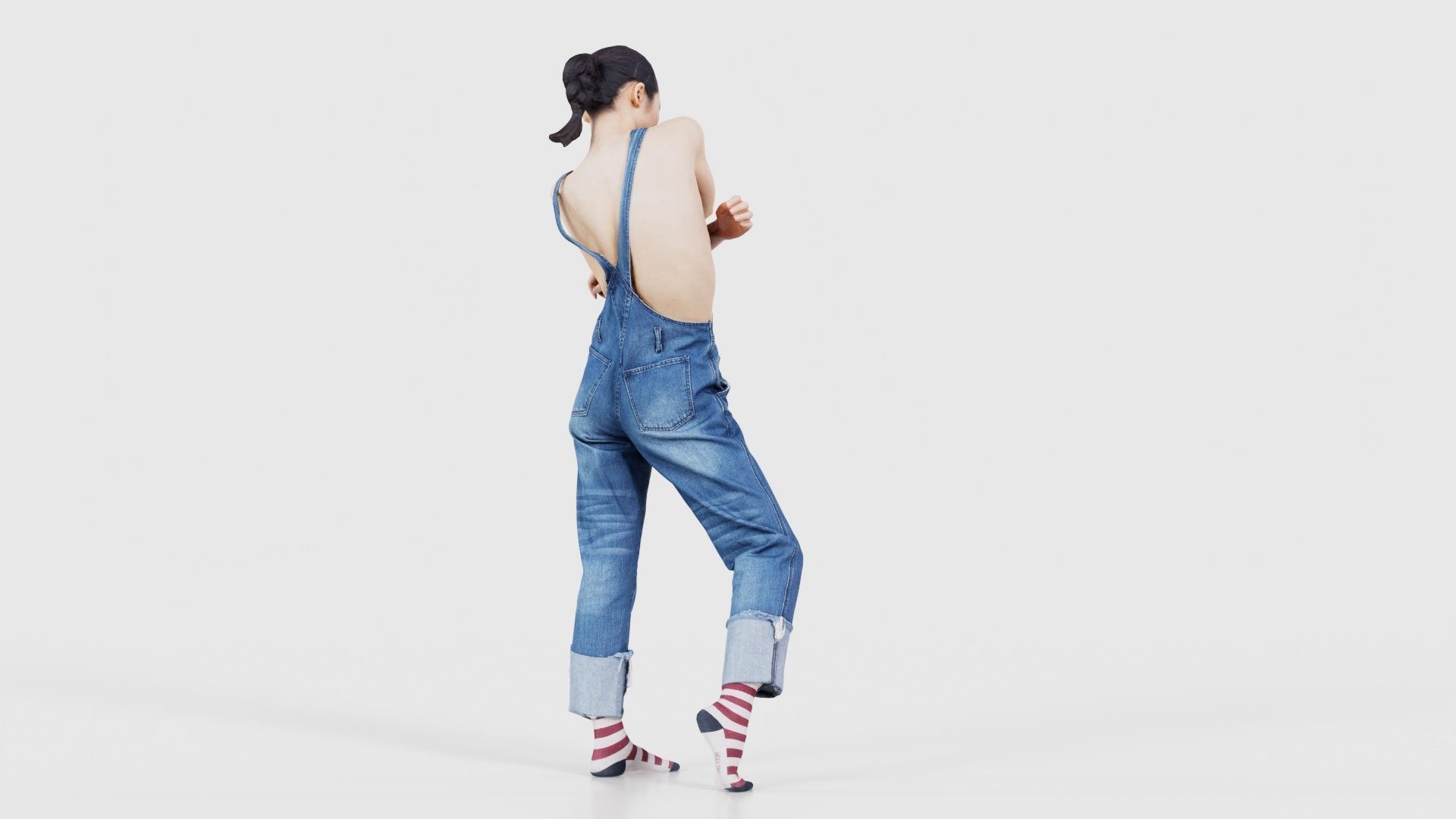 Asian Woman Wearing Jeans Salopet 006 Low-poly 3D model_20