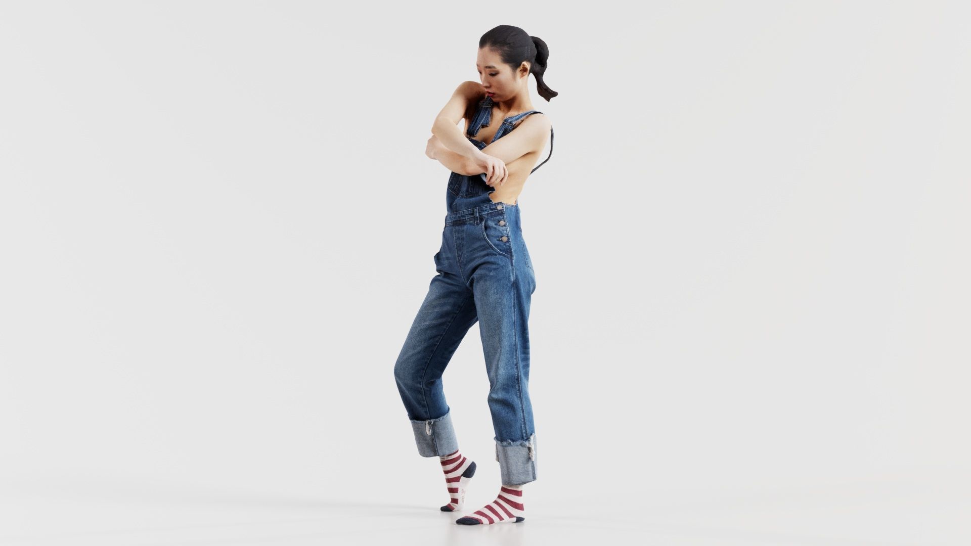 Asian Woman Wearing Jeans Salopet 006 Low-poly 3D model_5