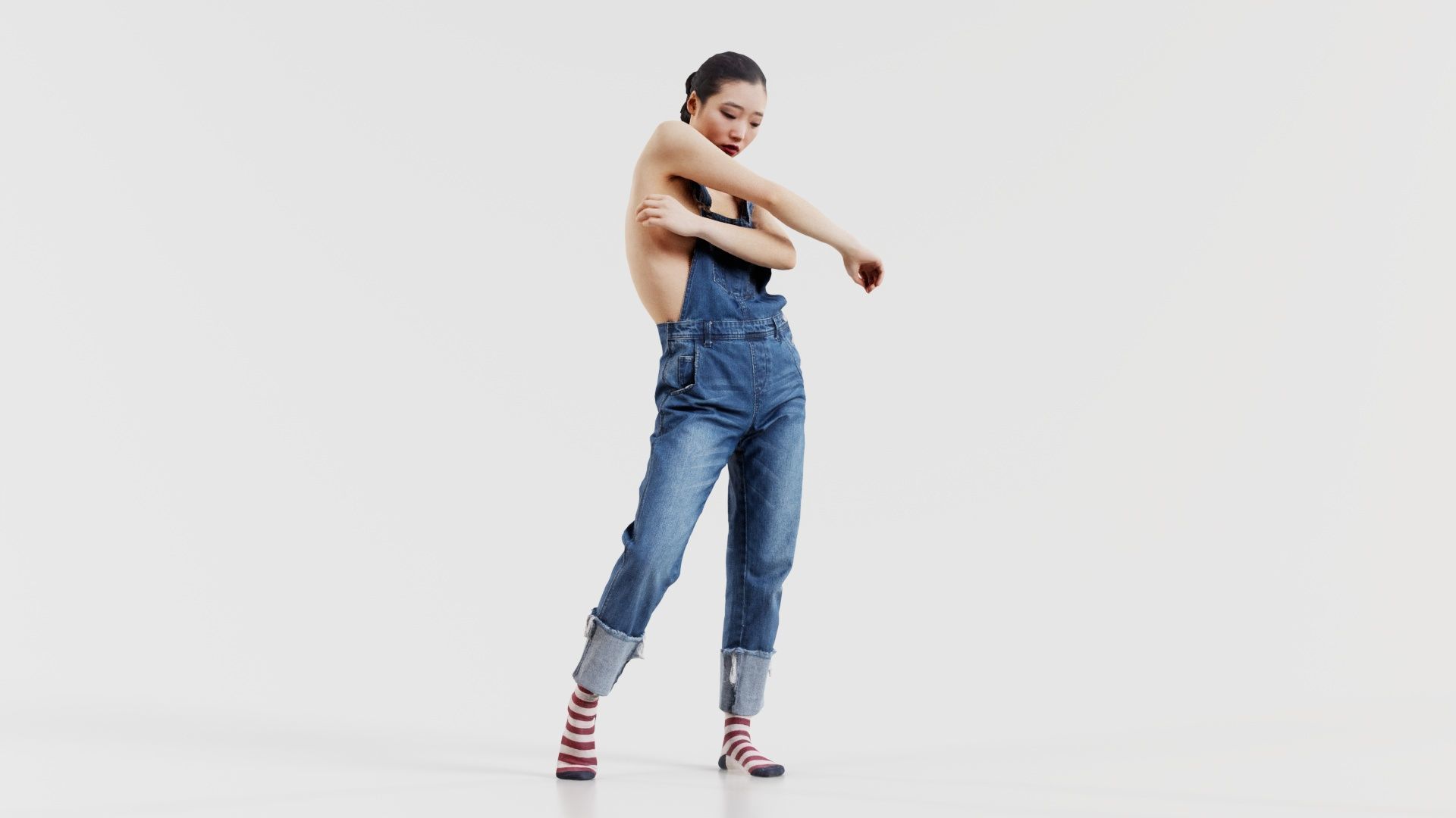 Asian Woman Wearing Jeans Salopet 006 Low-poly 3D model_1