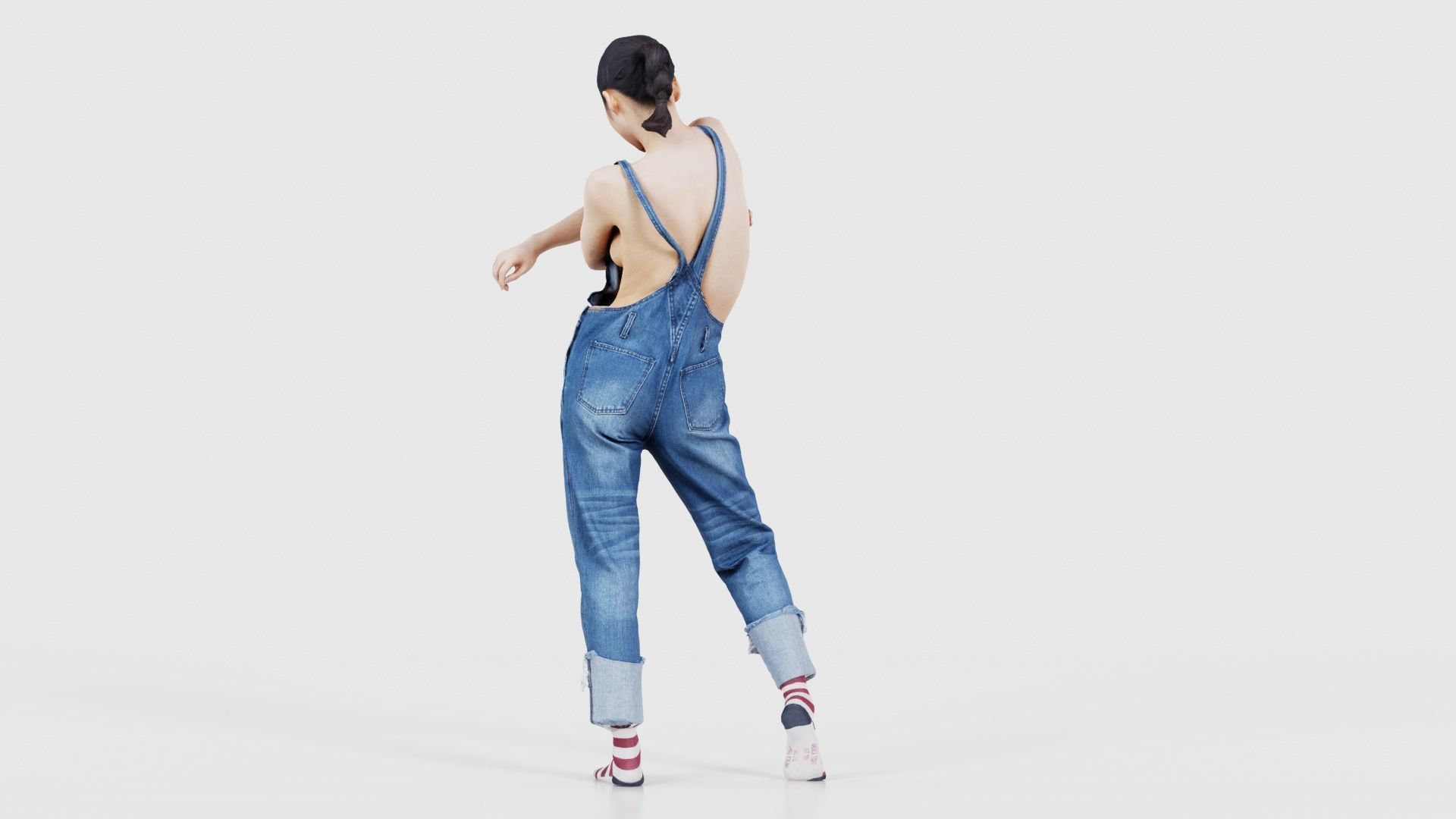 Asian Woman Wearing Jeans Salopet 006 Low-poly 3D model_22