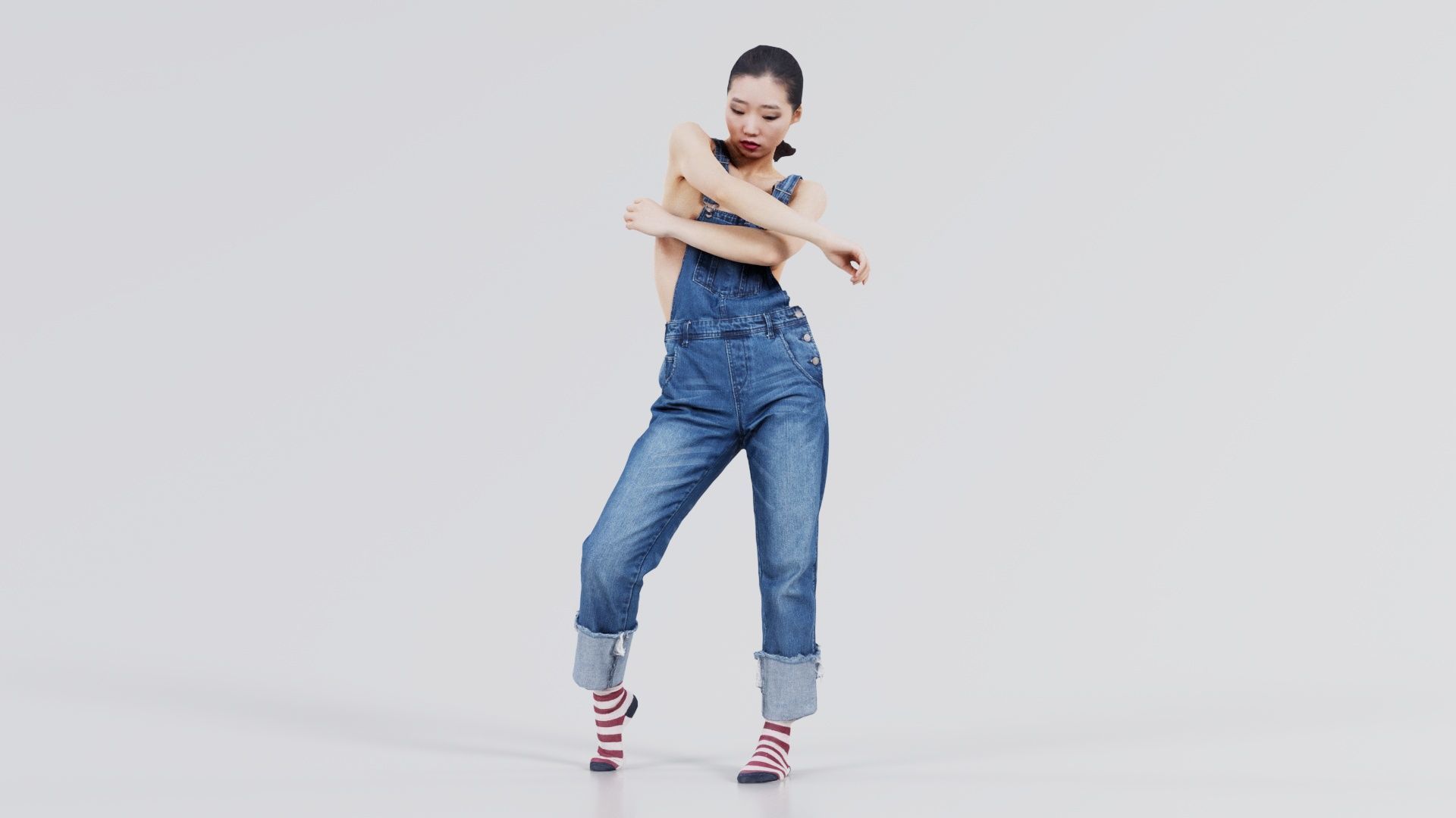 Asian Woman Wearing Jeans Salopet 006 Low-poly 3D model_8