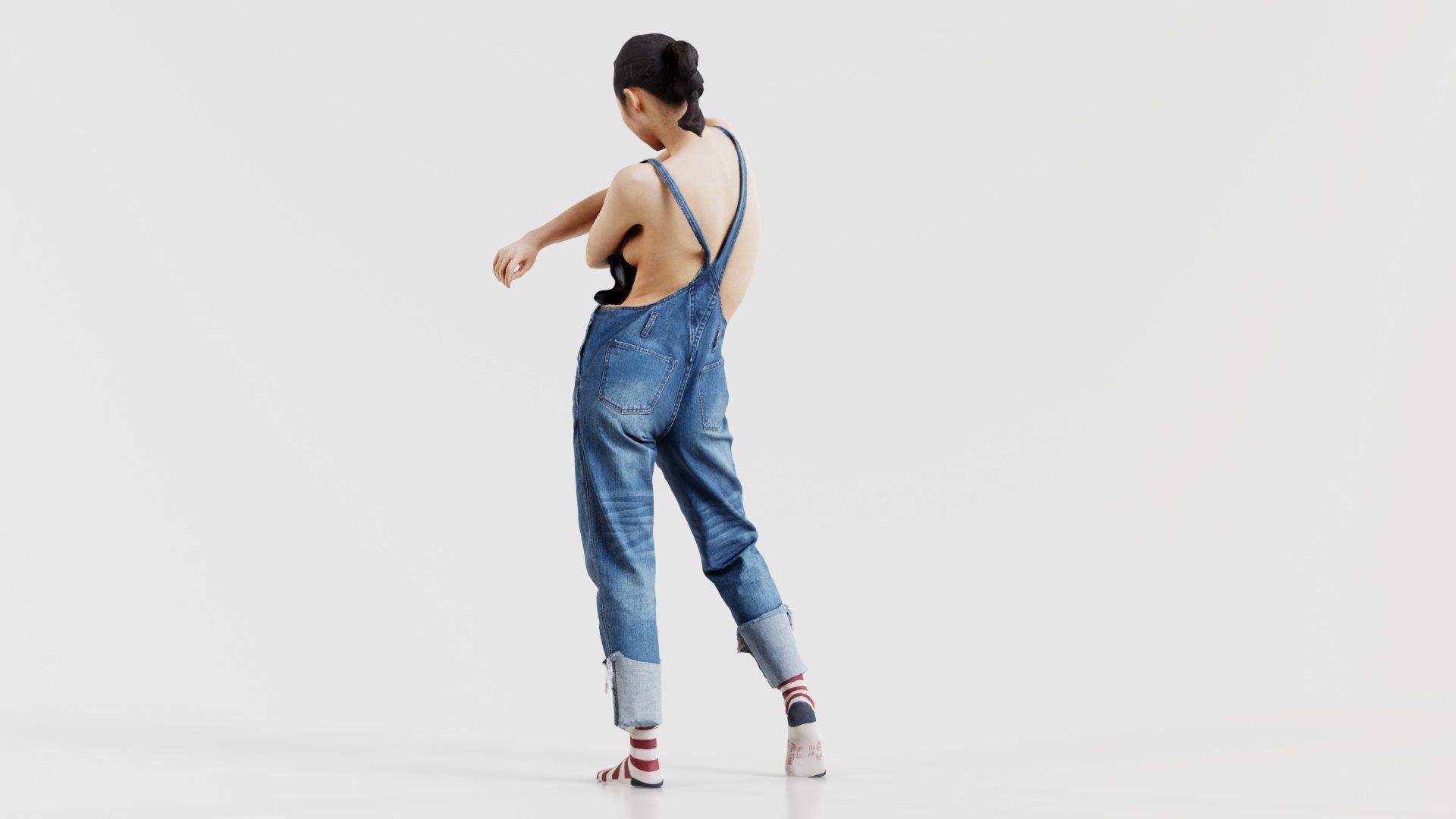 Asian Woman Wearing Jeans Salopet 006 Low-poly 3D model_2