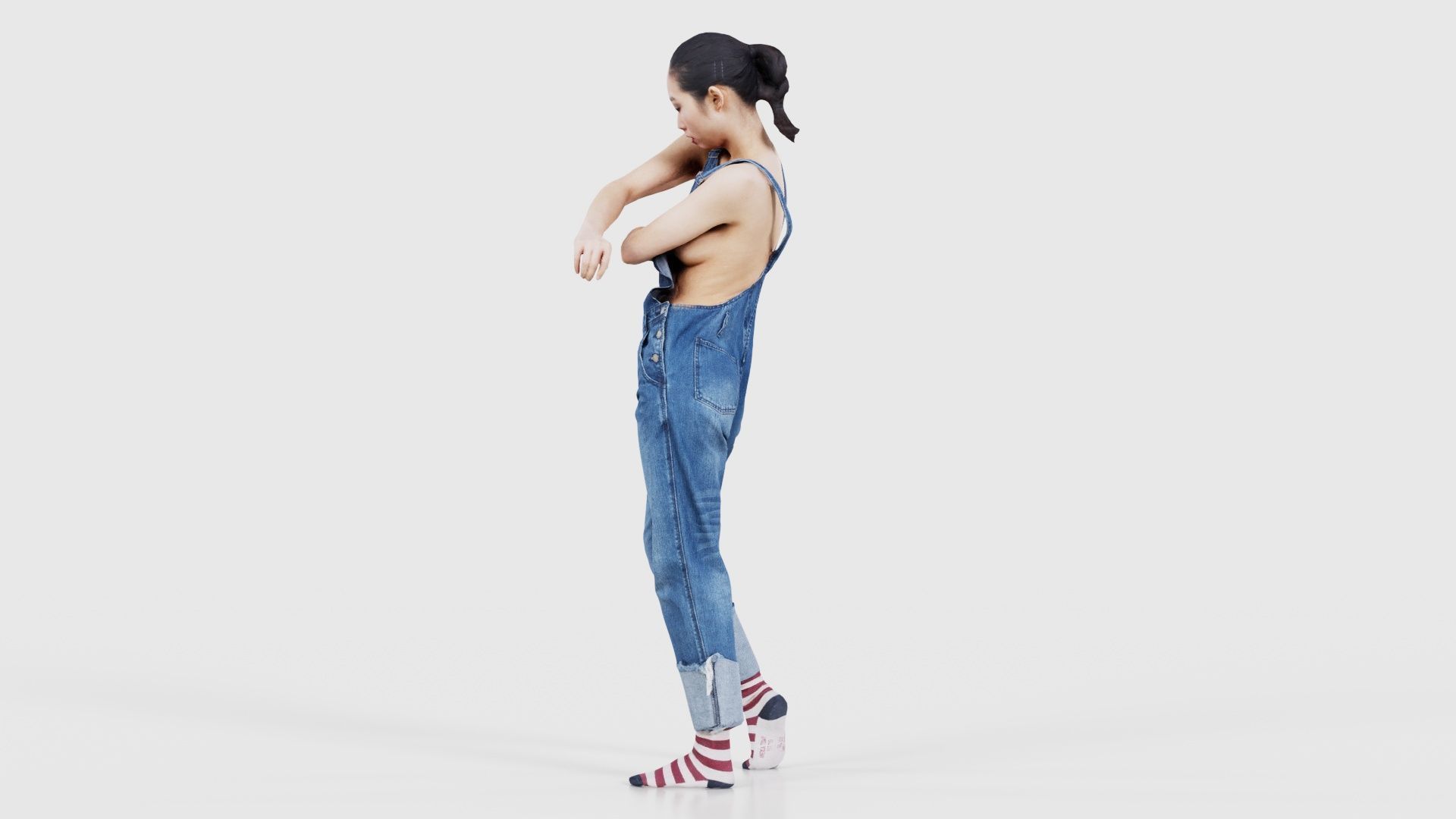 Asian Woman Wearing Jeans Salopet 006 Low-poly 3D model_24