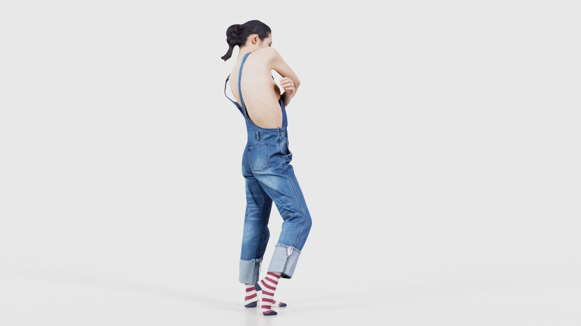 Asian Woman Wearing Jeans Salopet 006 Low-poly 3D model_19