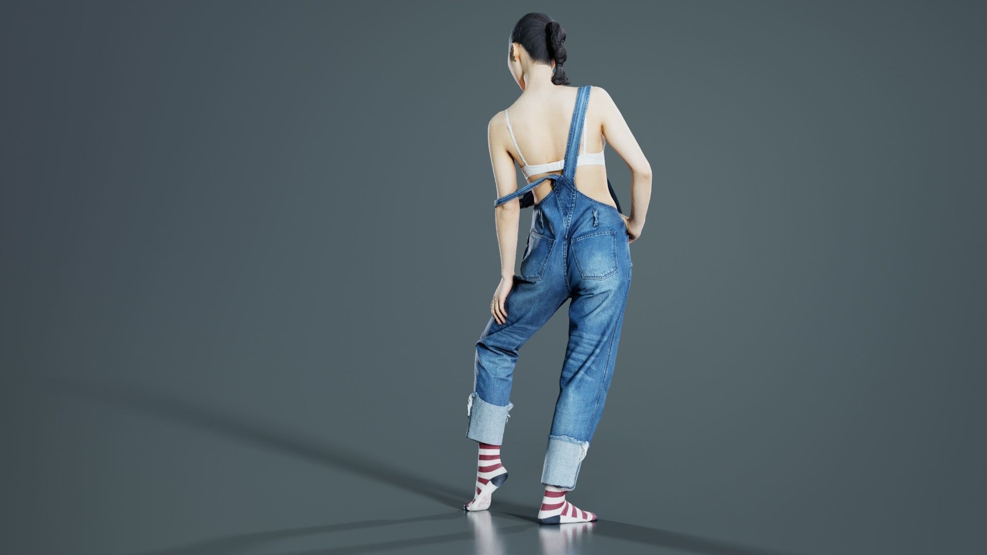 Asian Woman Wearing Jeans Salopet 018 Low-poly 3D model_5