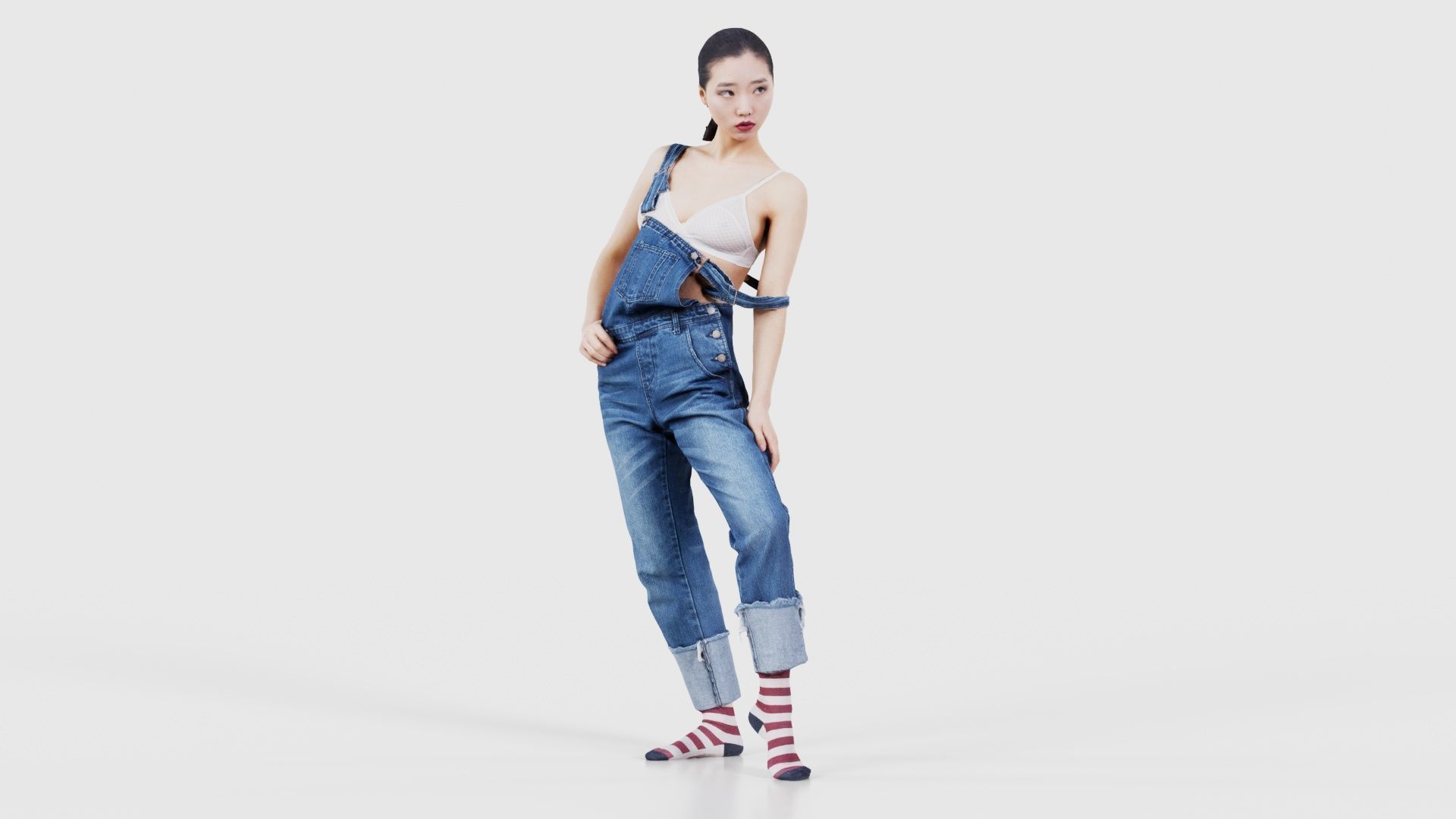 Asian Woman Wearing Jeans Salopet 018 Low-poly 3D model_16