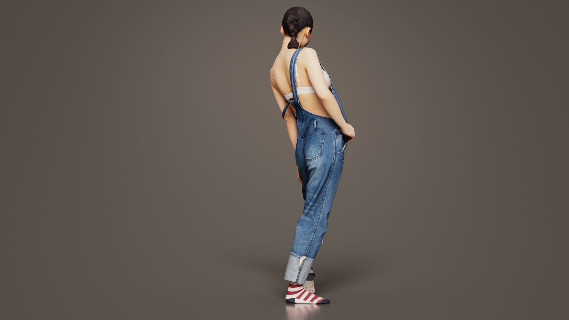 Asian Woman Wearing Jeans Salopet 018 Low-poly 3D model_4