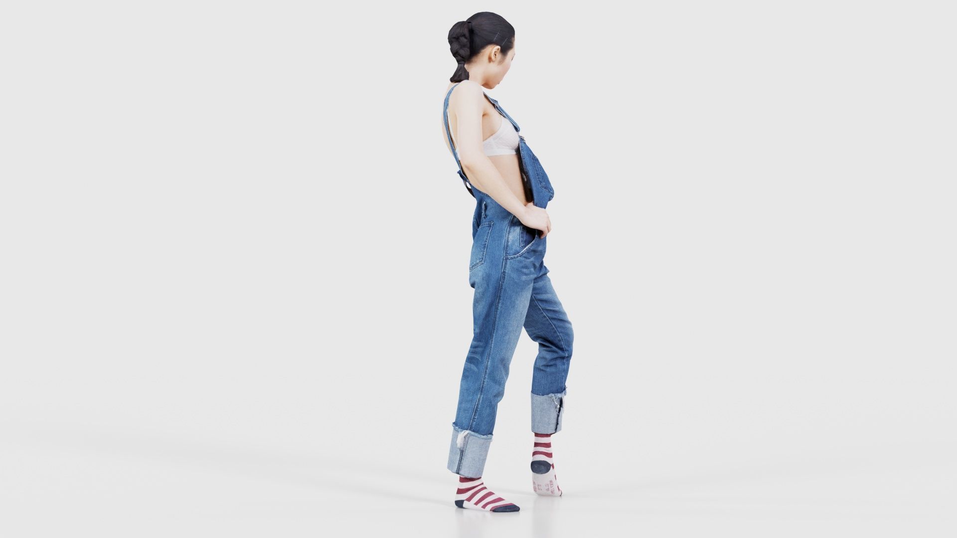 Asian Woman Wearing Jeans Salopet 018 Low-poly 3D model_20