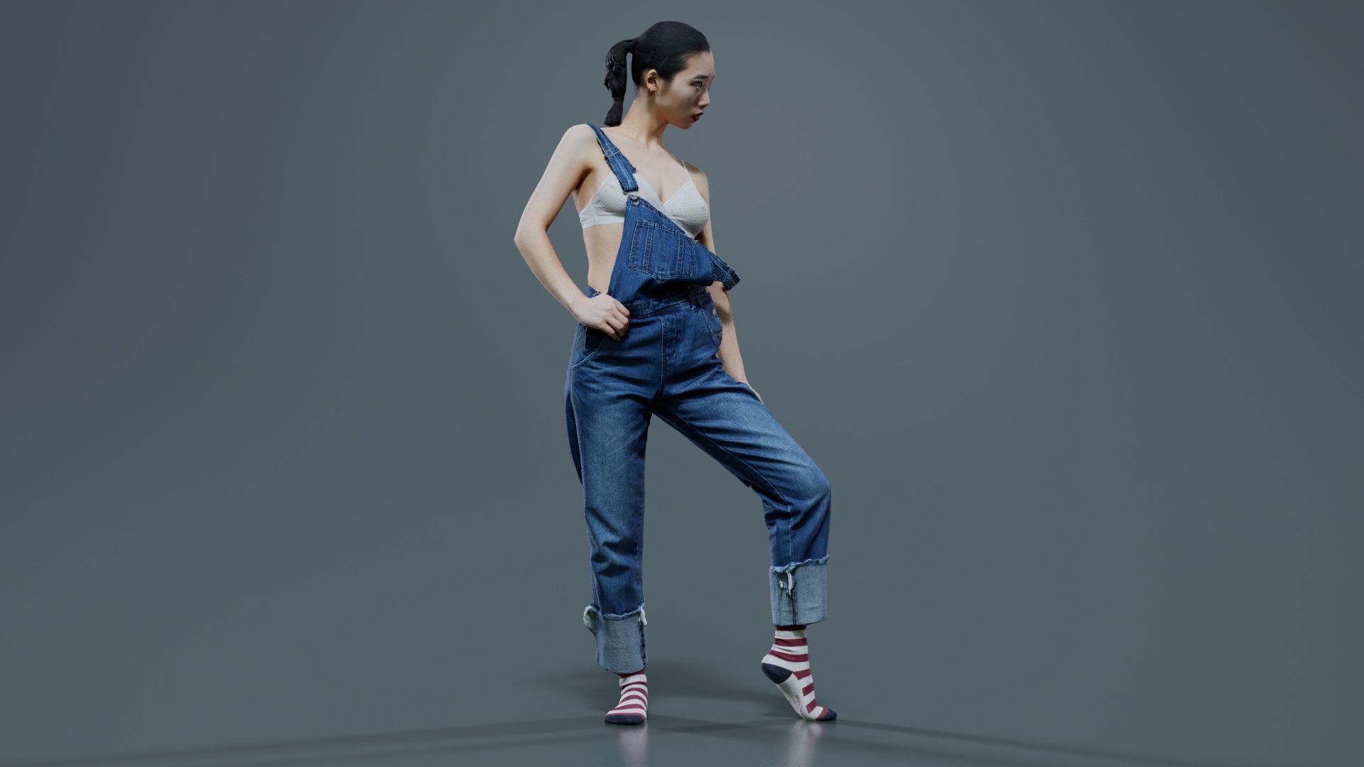 Asian Woman Wearing Jeans Salopet 018 Low-poly 3D model_2
