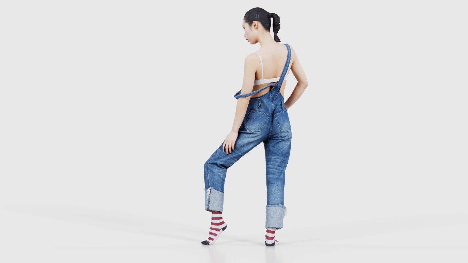Asian Woman Wearing Jeans Salopet 018 Low-poly 3D model_24