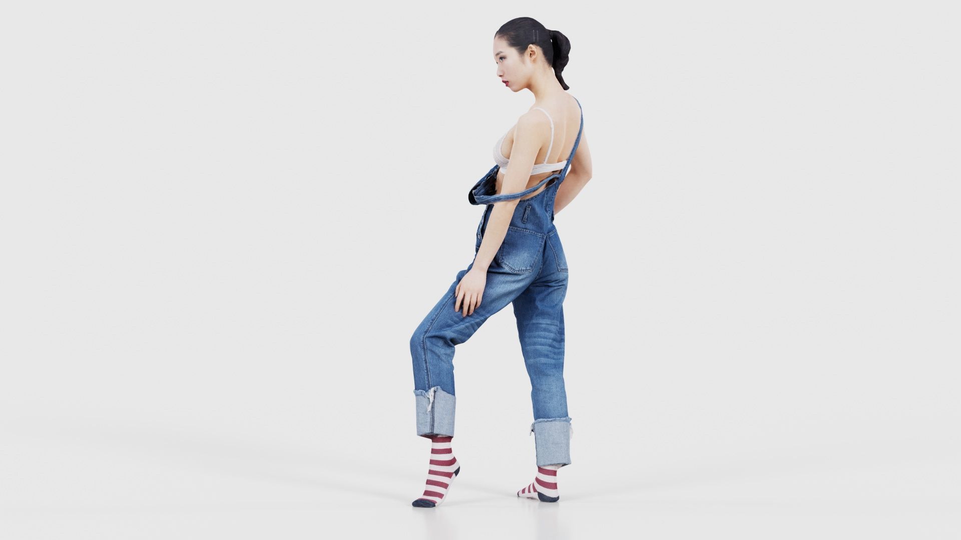 Asian Woman Wearing Jeans Salopet 018 Low-poly 3D model_25