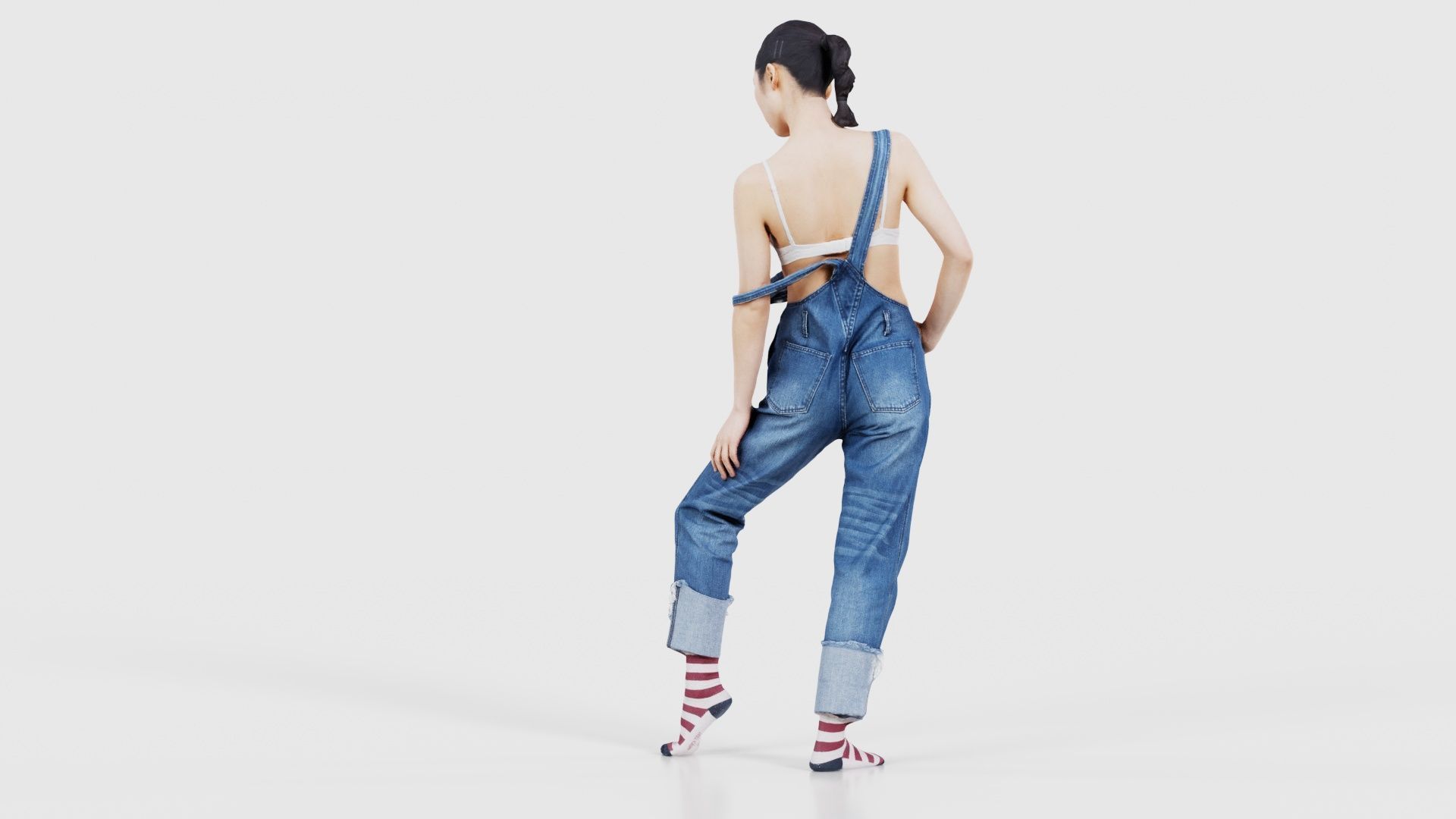 Asian Woman Wearing Jeans Salopet 018 Low-poly 3D model_23