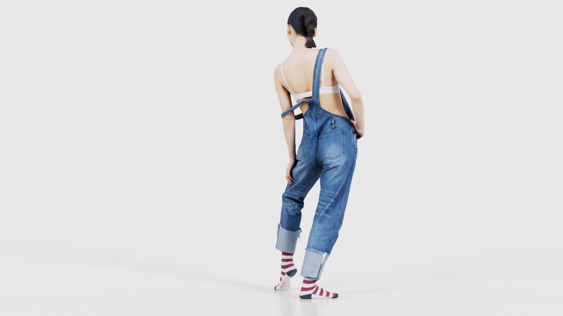Asian Woman Wearing Jeans Salopet 018 Low-poly 3D model_22