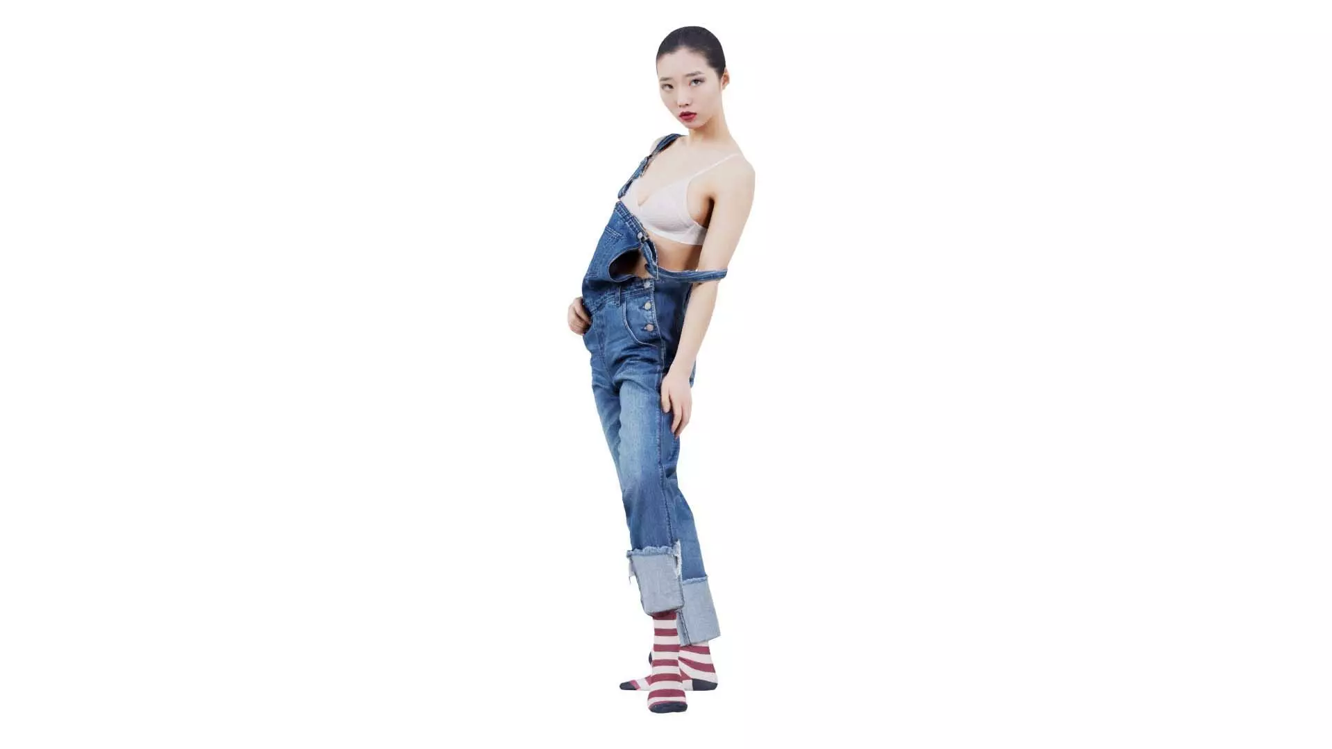 Asian Woman Wearing Jeans Salopet 018 Low-poly 3D model_0