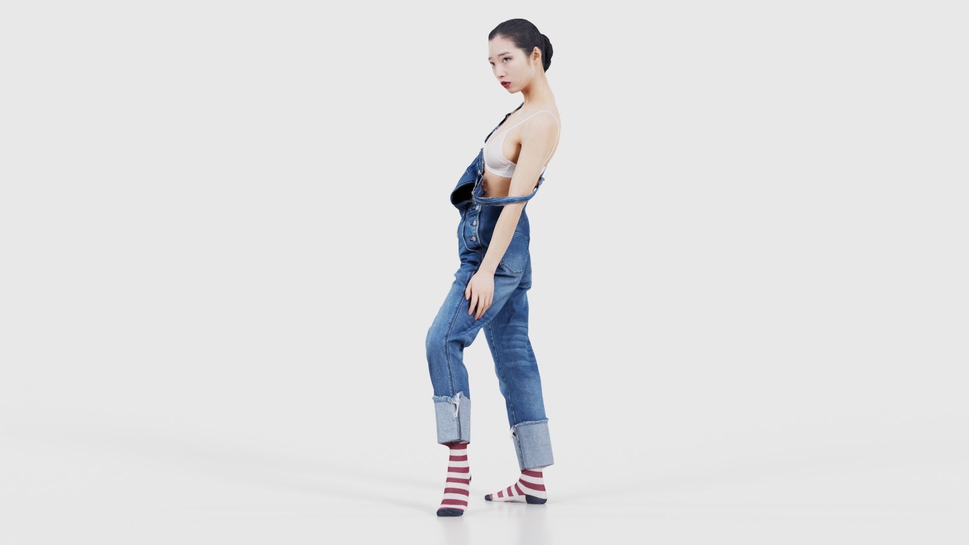 Asian Woman Wearing Jeans Salopet 018 Low-poly 3D model_26