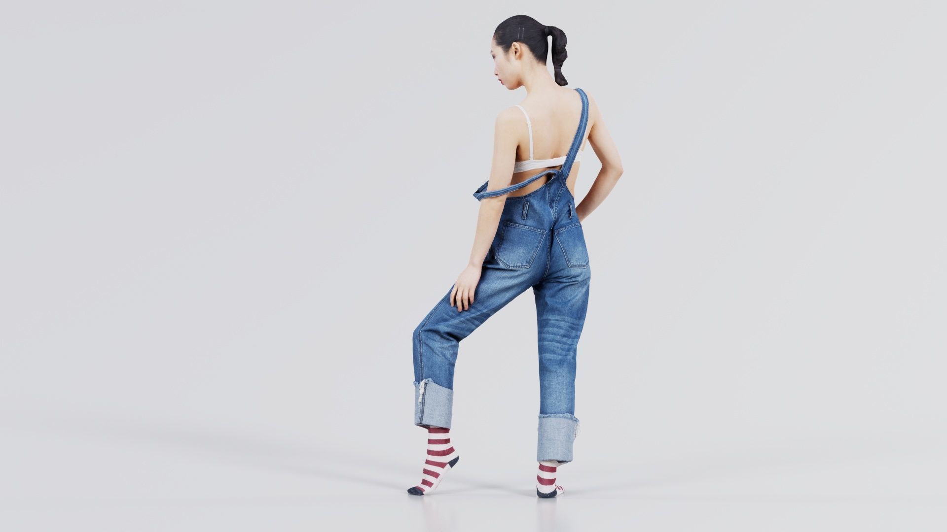 Asian Woman Wearing Jeans Salopet 018 Low-poly 3D model_8