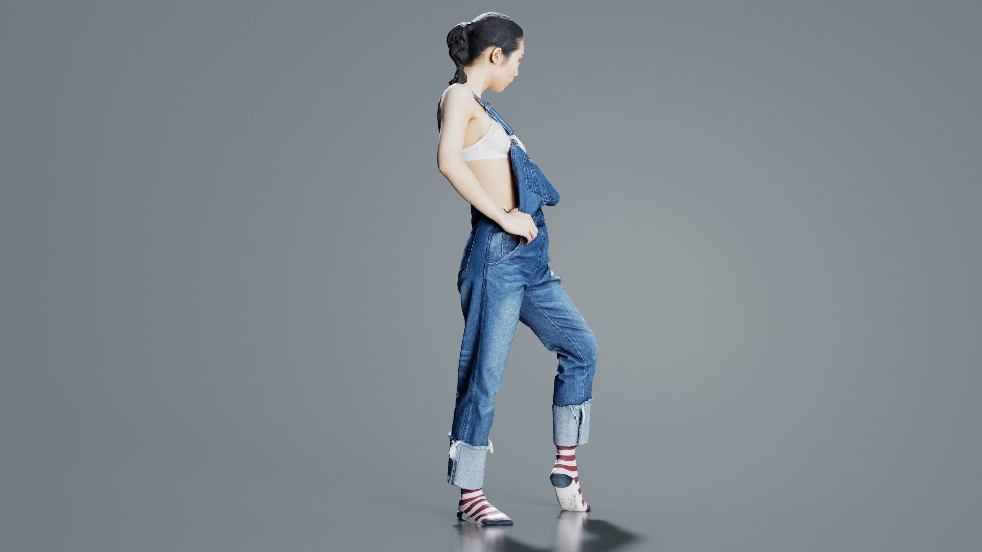 Asian Woman Wearing Jeans Salopet 018 Low-poly 3D model_1