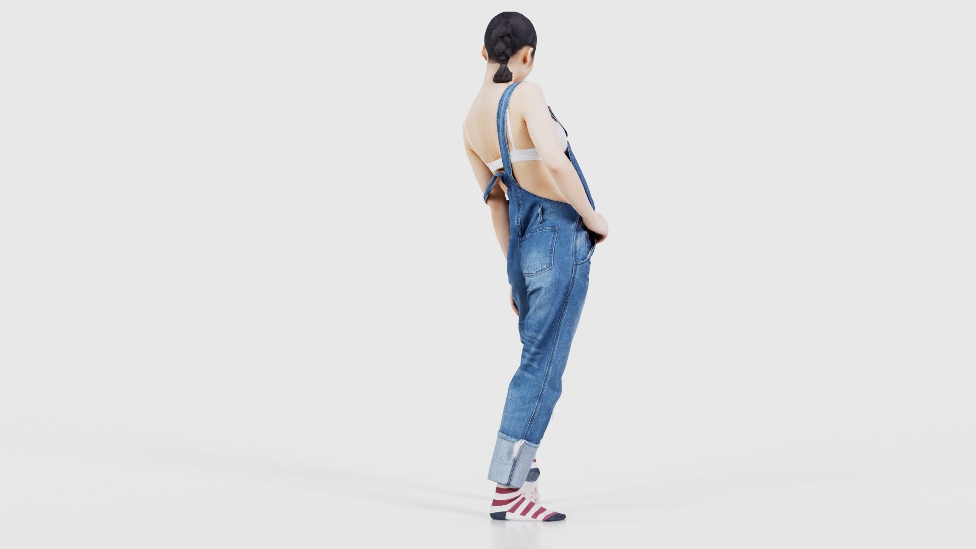 Asian Woman Wearing Jeans Salopet 018 Low-poly 3D model_21