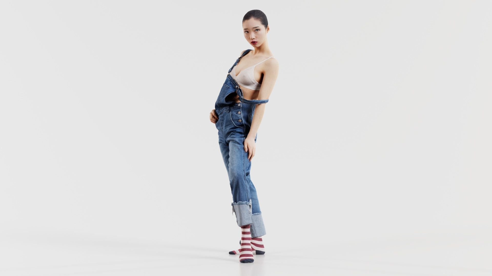 Asian Woman Wearing Jeans Salopet 018 Low-poly 3D model_7