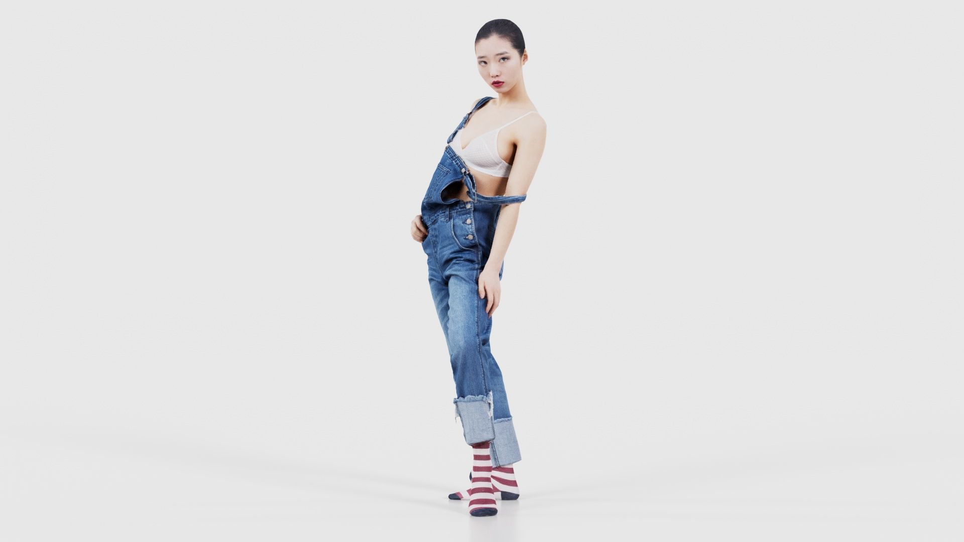 Asian Woman Wearing Jeans Salopet 018 Low-poly 3D model_15