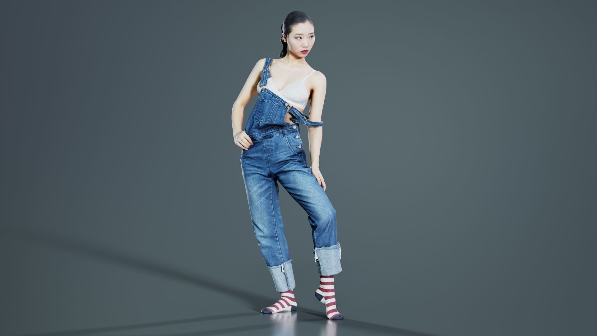 Asian Woman Wearing Jeans Salopet 018 Low-poly 3D model_6