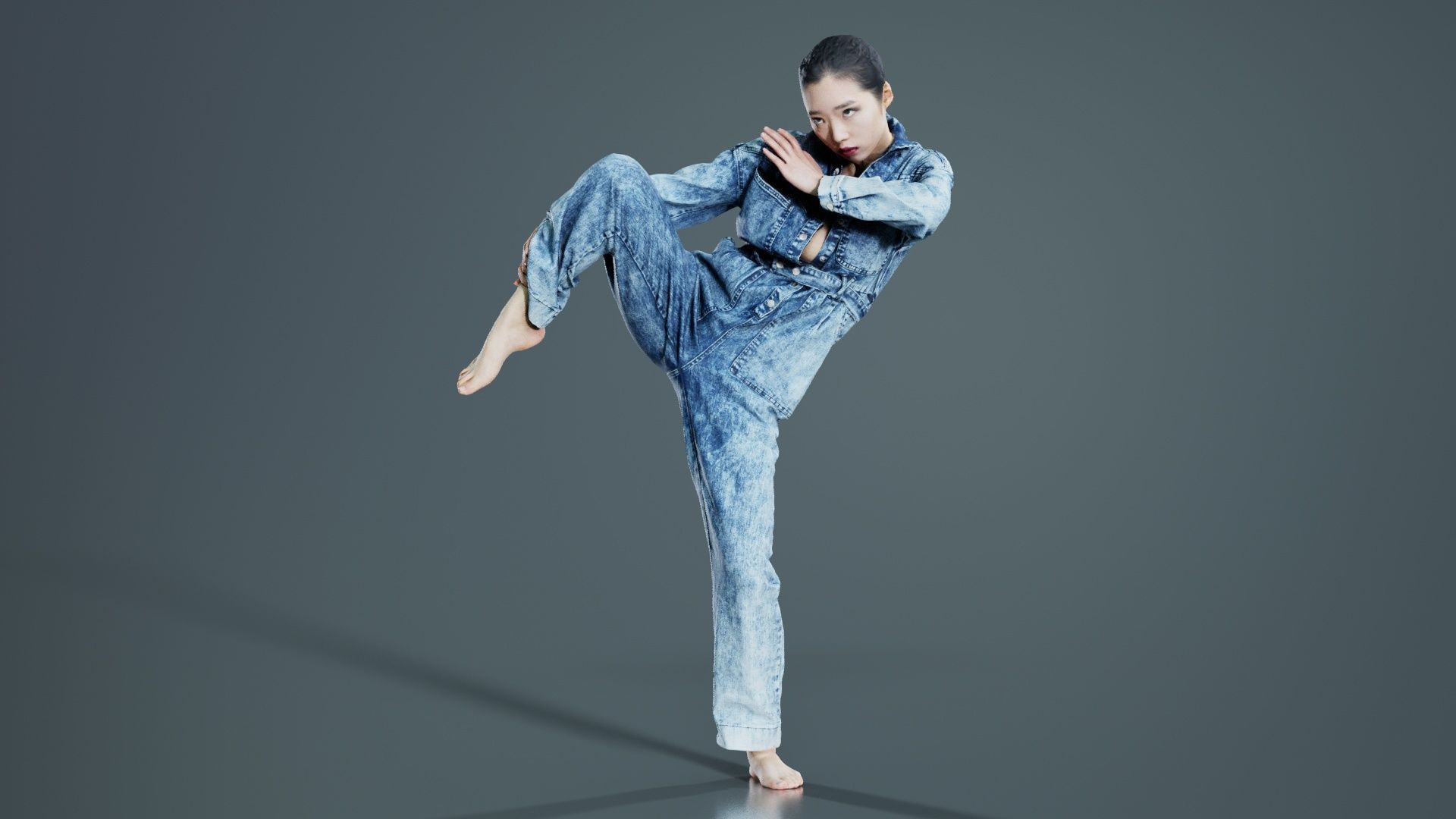 Asian Woman Wearing Jeans Salopet 021 Low-poly 3D model_6