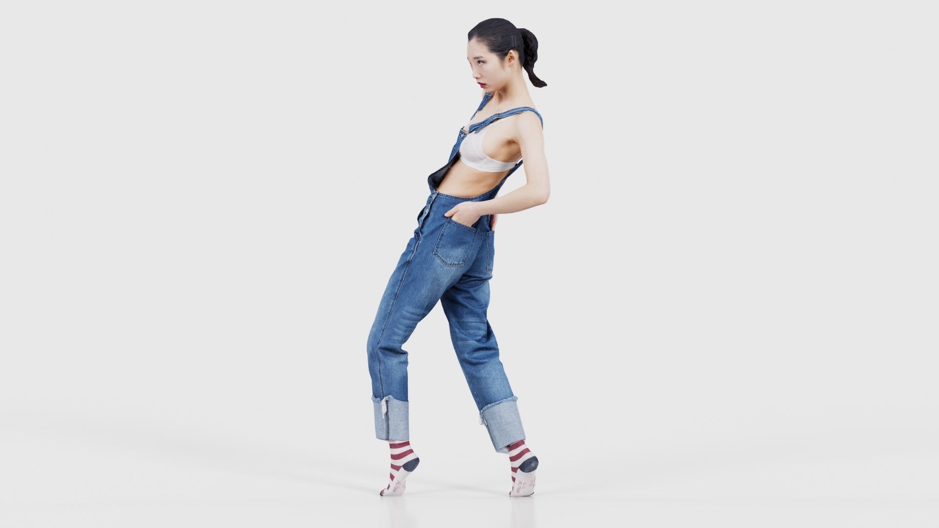 Asian Woman Wearing Jeans Salopet 023 Low-poly 3D model_25