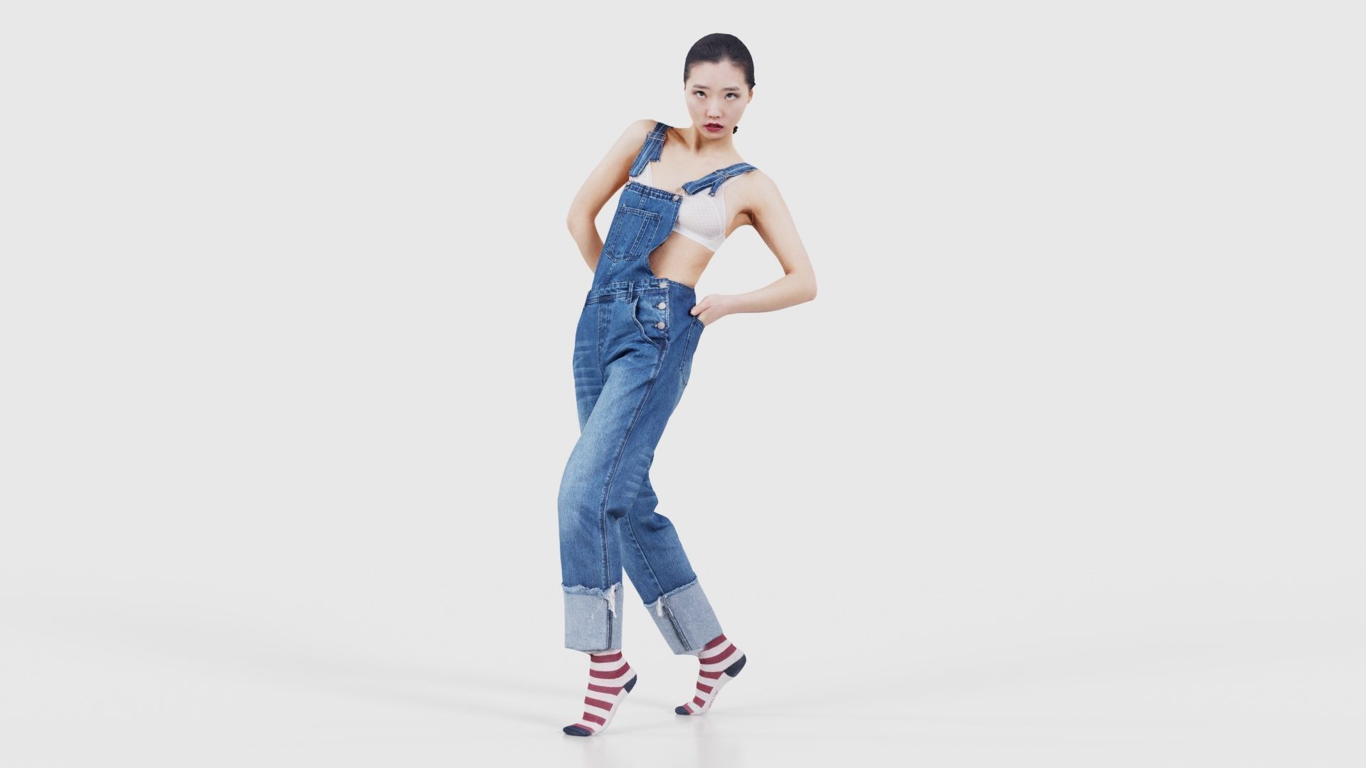 Asian Woman Wearing Jeans Salopet 023 Low-poly 3D model_15