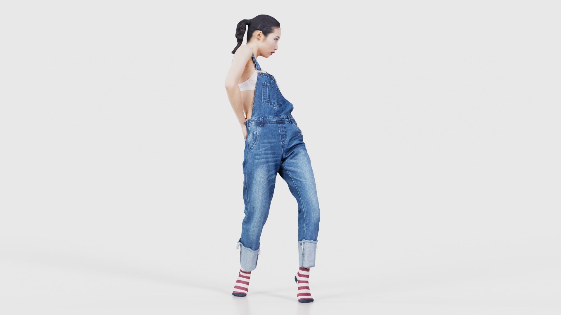 Asian Woman Wearing Jeans Salopet 023 Low-poly 3D model_18