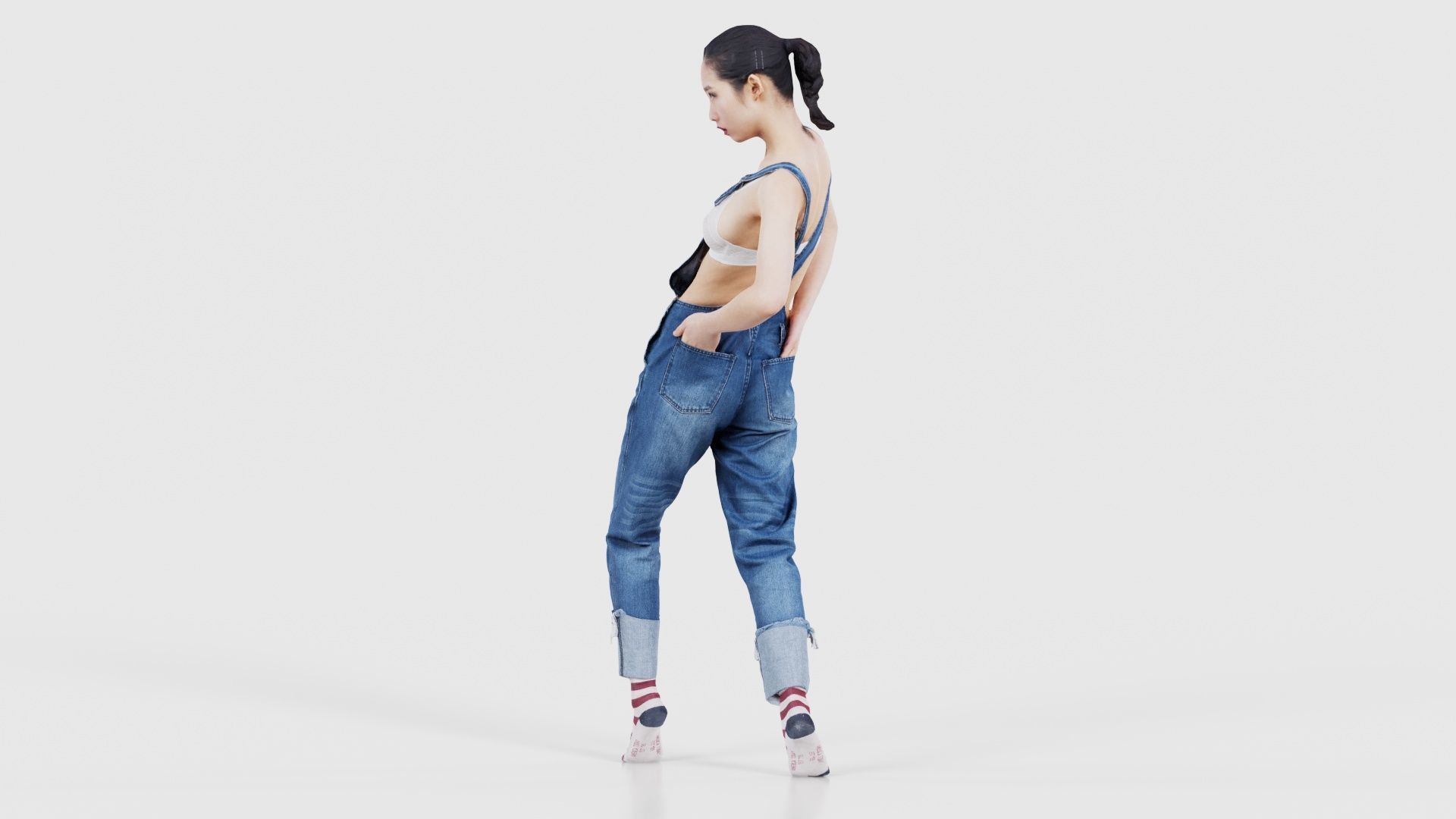 Asian Woman Wearing Jeans Salopet 023 Low-poly 3D model_24