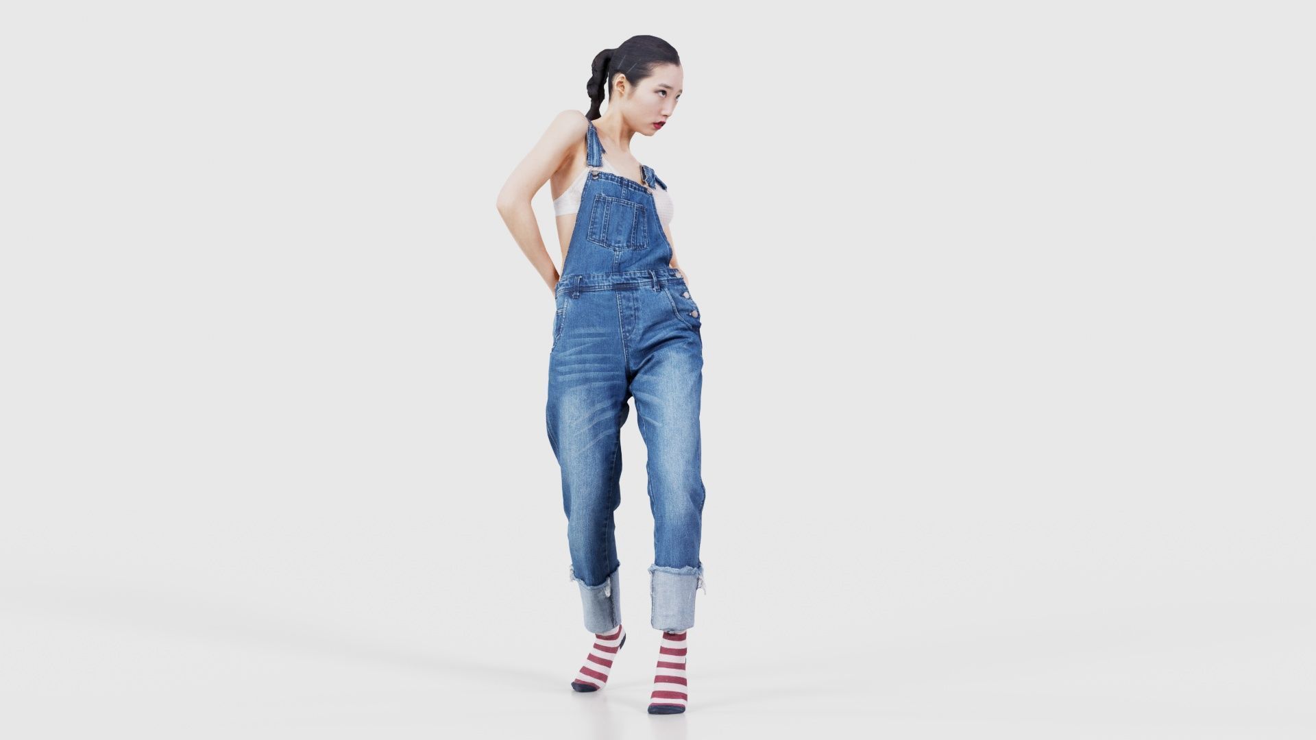 Asian Woman Wearing Jeans Salopet 023 Low-poly 3D model_17